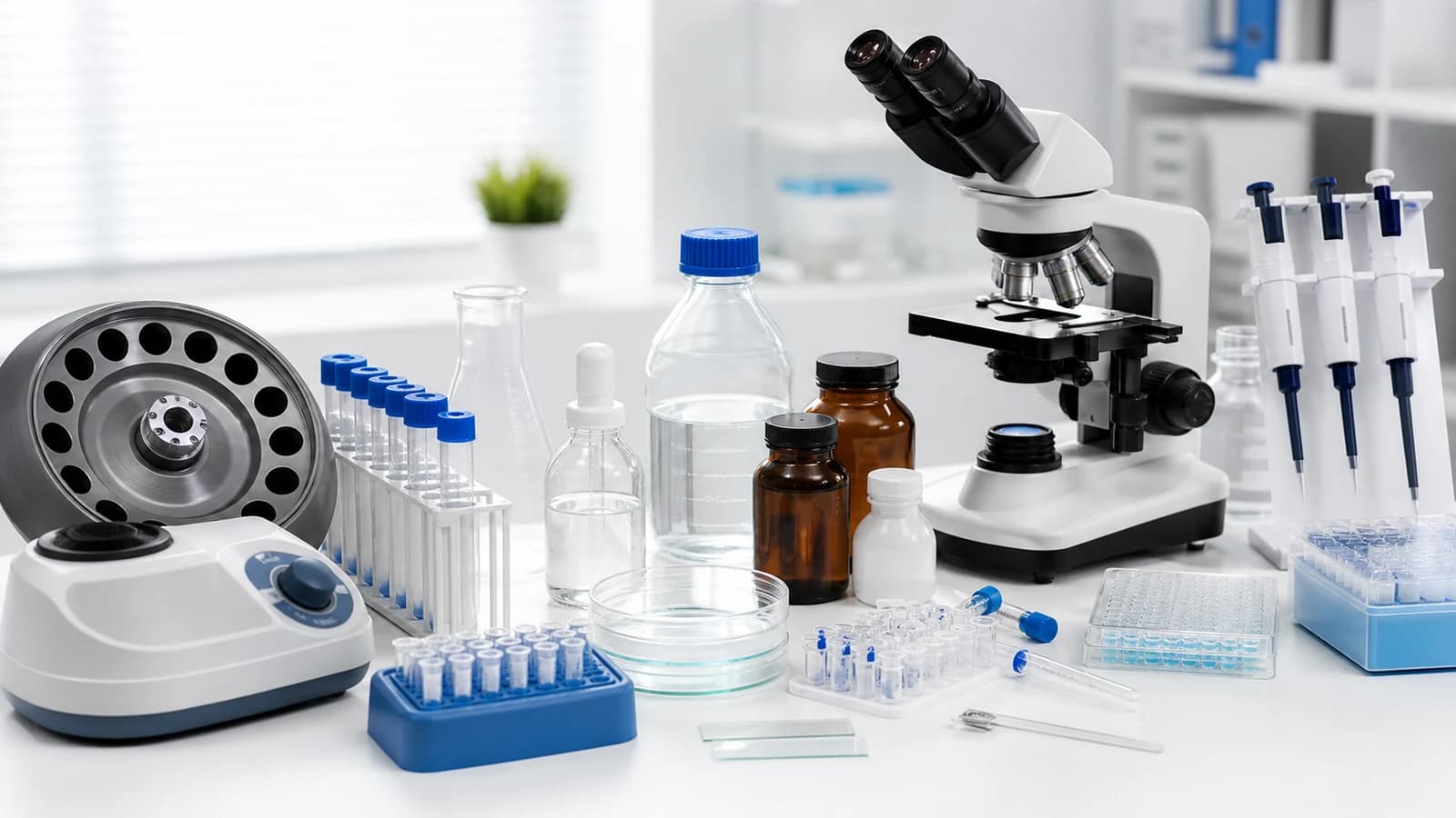 Laboratory equipment and consumables arranged on a catalogue bench
