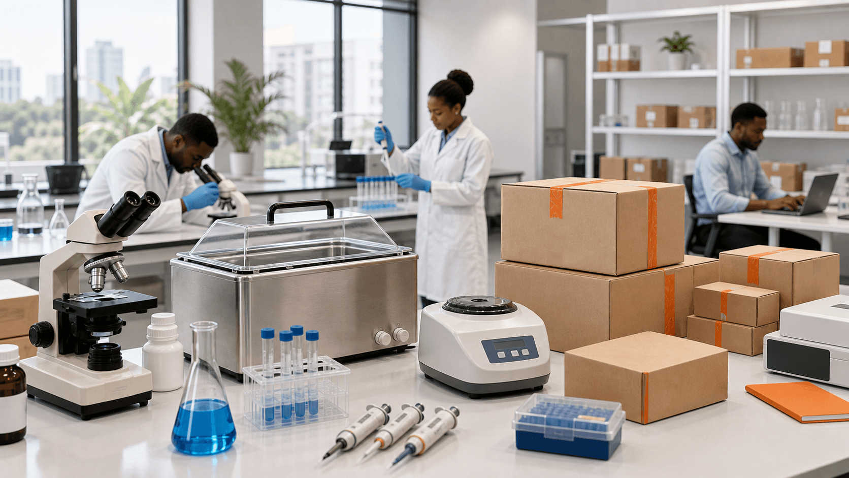 Modern laboratory supply operation with scientific instruments and packed equipment