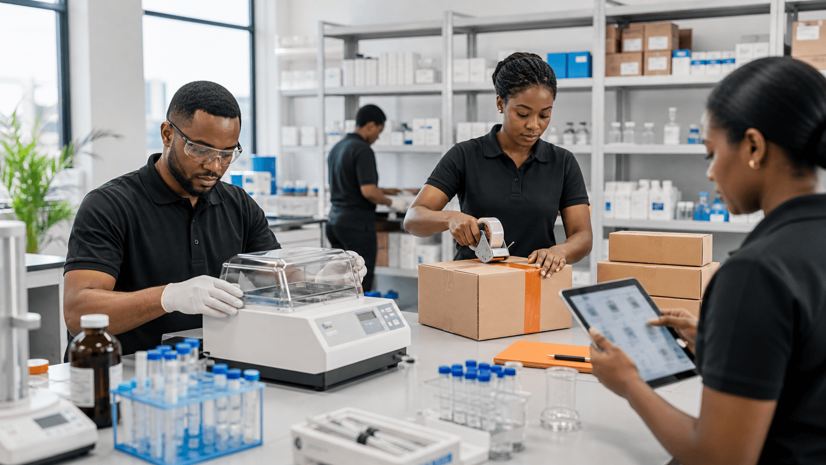 Scientific supply operations team inspecting and packing lab equipment